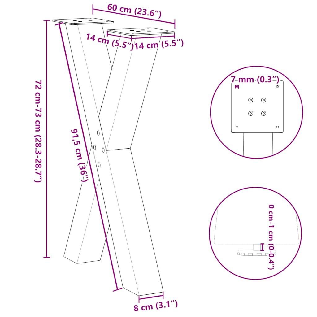 Pieds de table à manger en forme de X, 2 pièces, acier naturel, 60 x (72-73) cm - XIOS