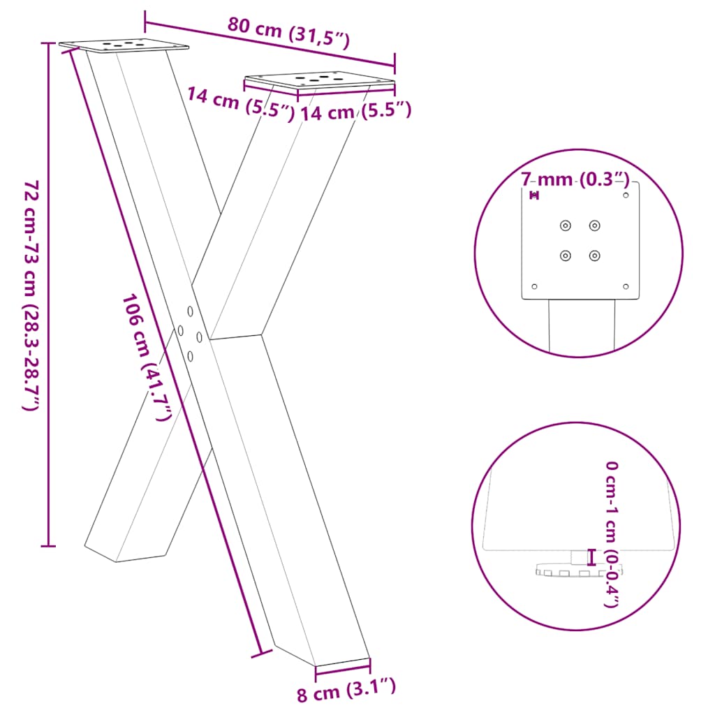 Pieds de table à manger en forme de X, 2 pièces, noir, 80 x (72-73) cm, acier - XIOS