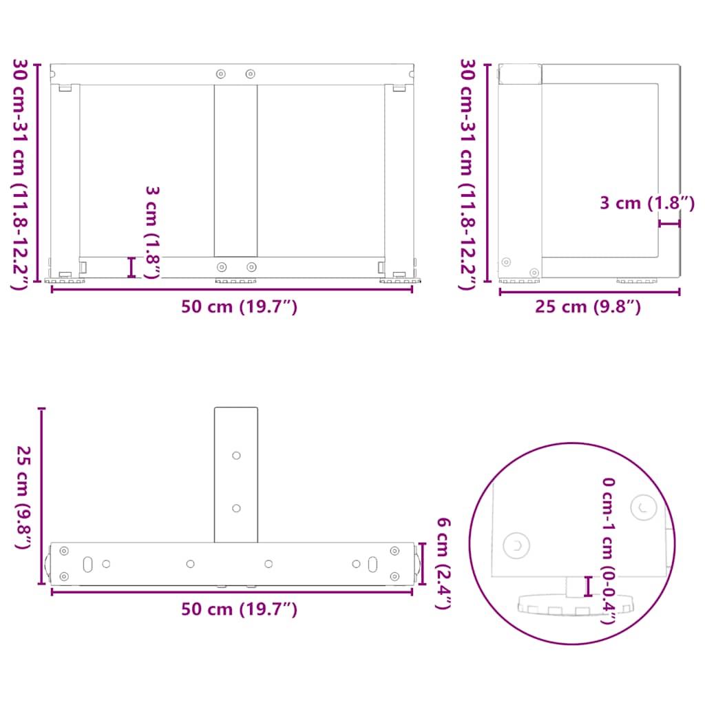 Pieds de table basse en T, 2 pièces, noir, 50 x 25 x (30-31) cm, acier - XIOS
