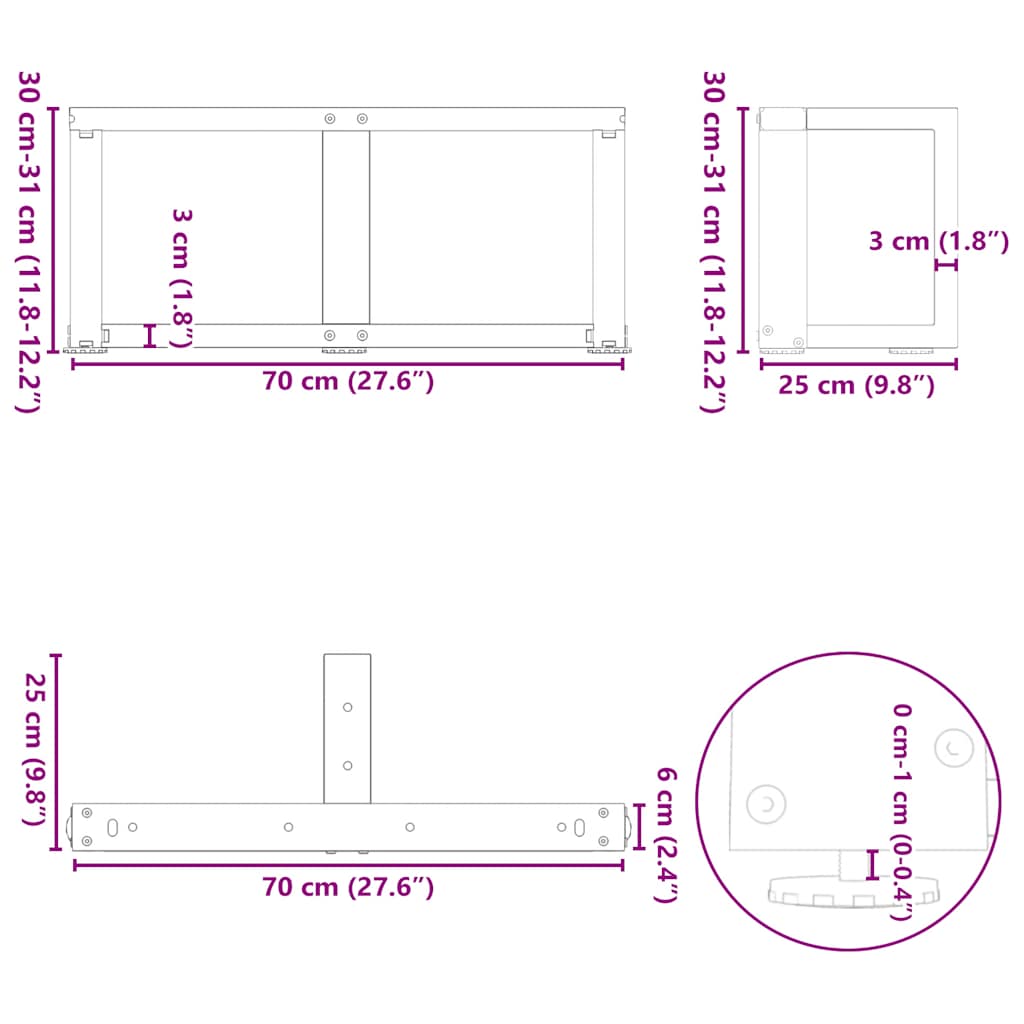 Pieds de table basse en T, 2 pièces, noir, 70 x 25 x (30-31) cm, acier - XIOS