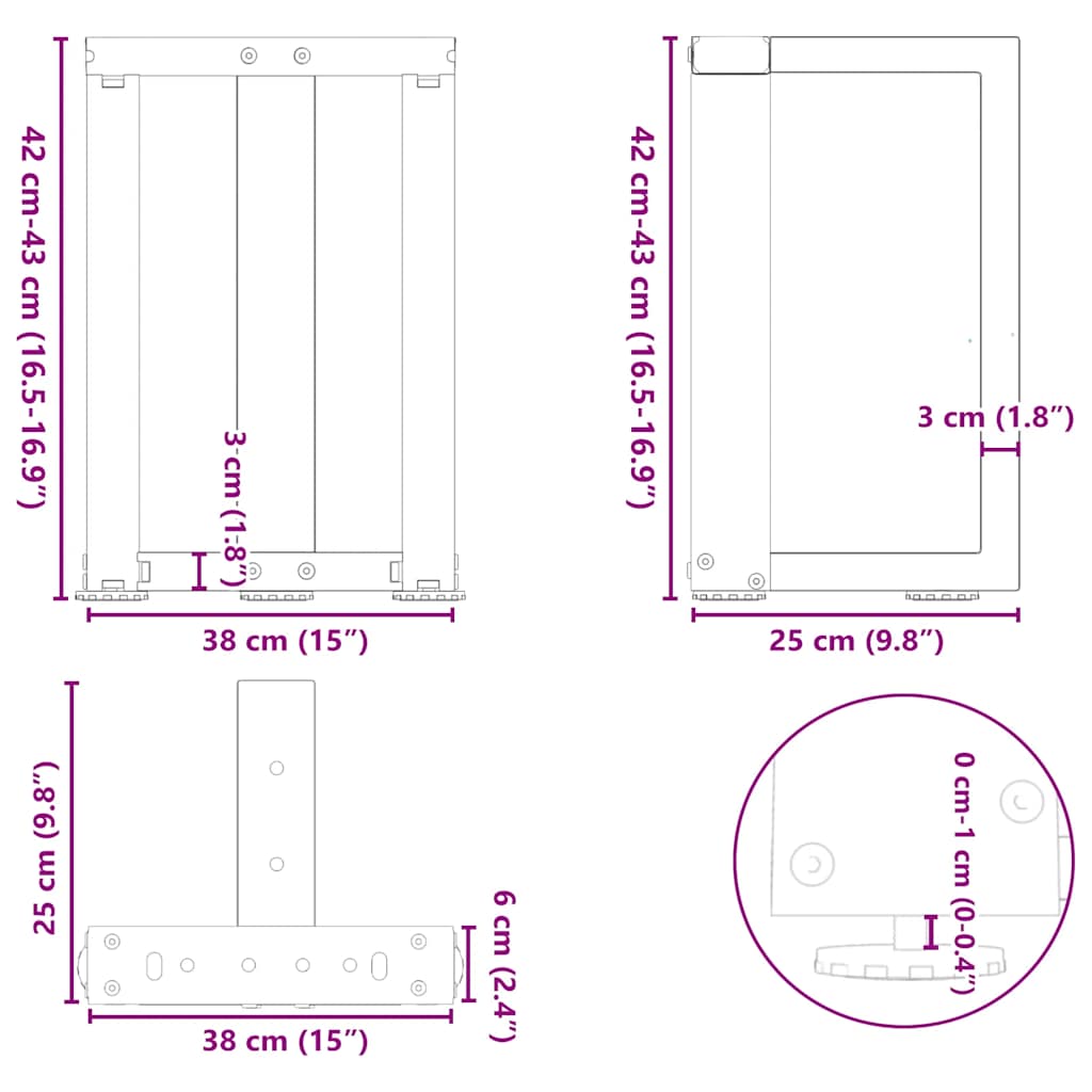 Pieds de table basse en T, 2 pièces, noir, 38 x 25 x (42-43) cm, acier - XIOS