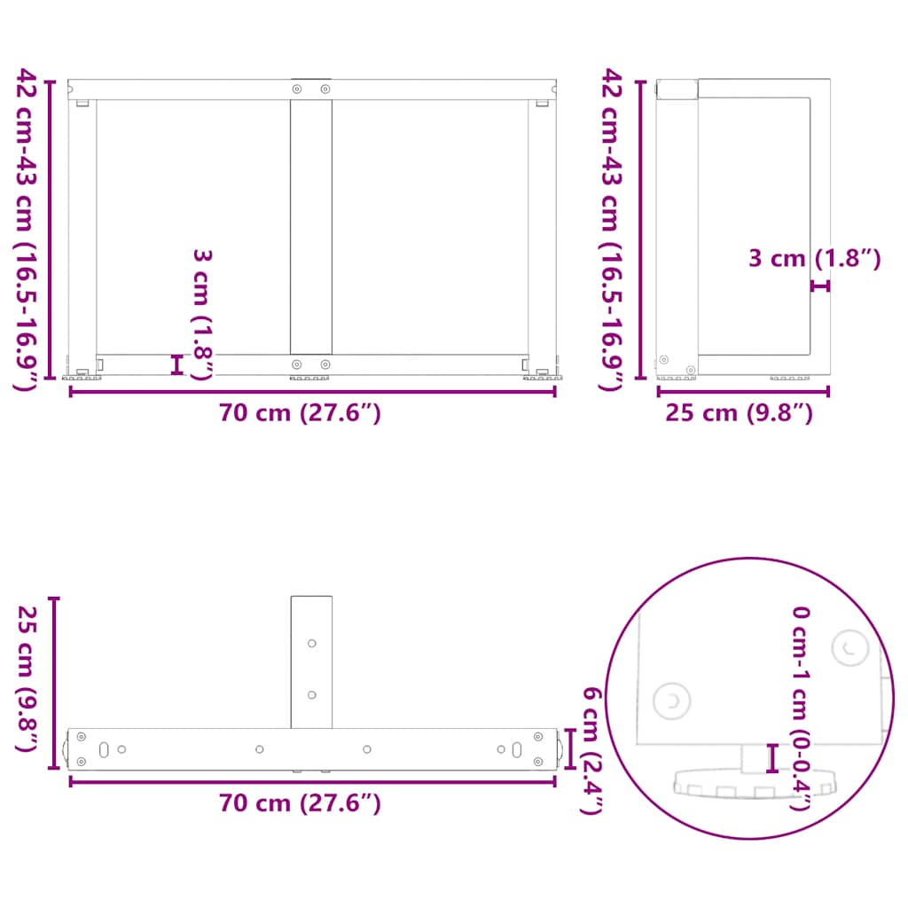 Pieds de table basse en T, 2 pièces, anthracite, 70 x 25 x (42-43) cm, acier - XIOS