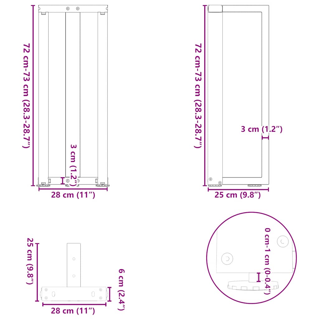 Pieds de table console en T, 2 pièces, blanc, 25 x 28 x (72-73) cm, acier - XIOS