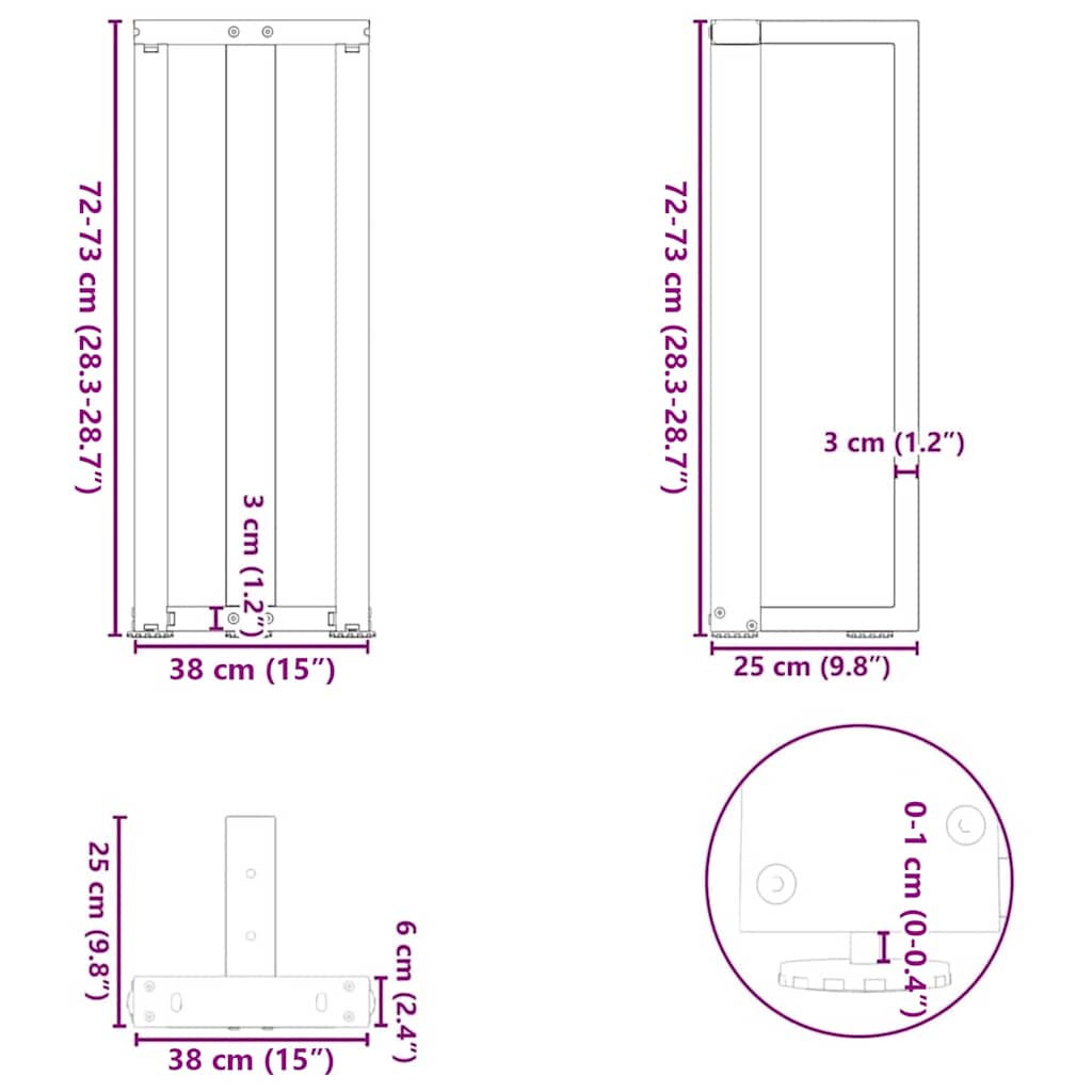 Pieds de table console en T, 2 pièces, noir, 38 x 25 x (72-73) cm, acier - XIOS