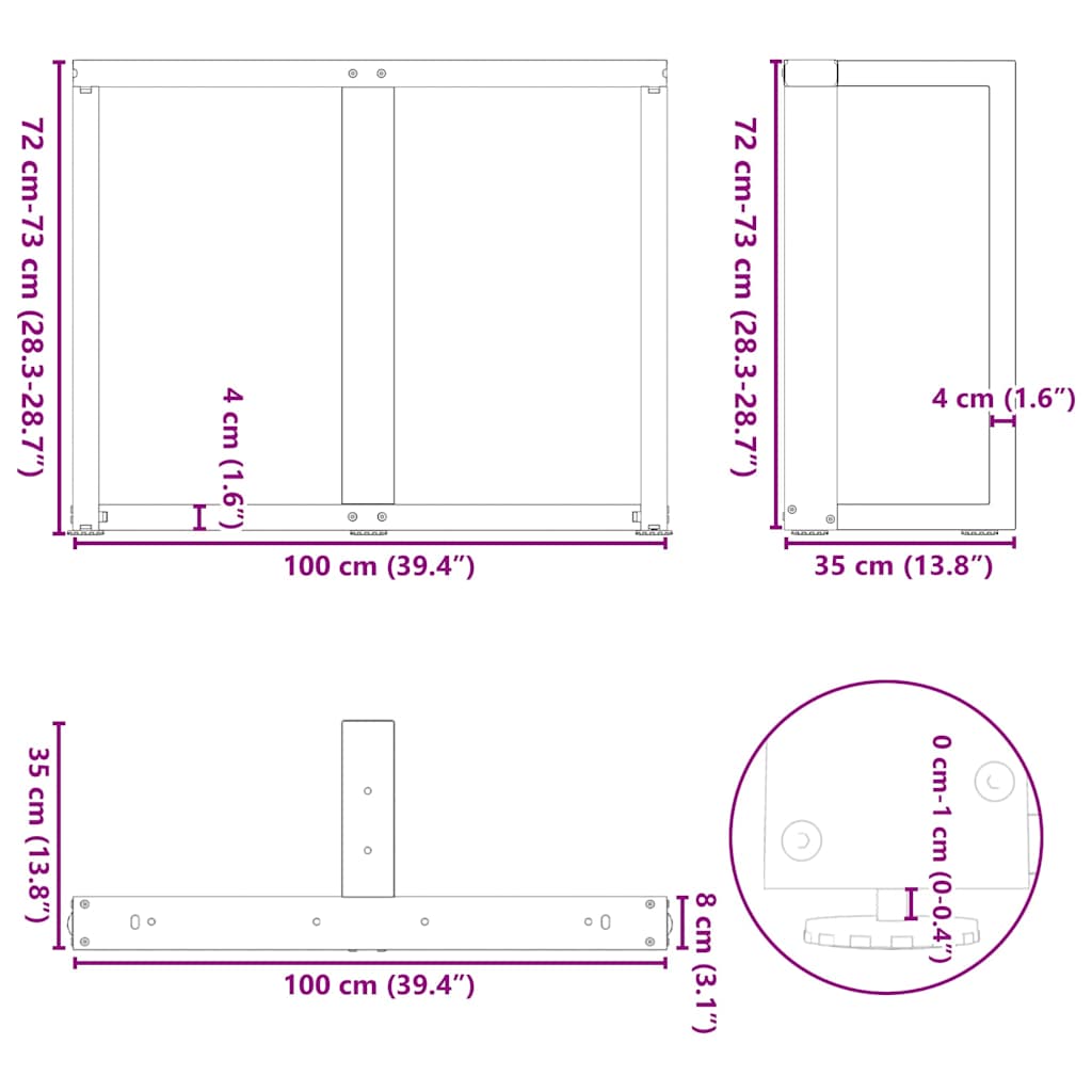 Pieds de table à manger en T, 2 pièces, noir, 100 x 35 x (72-73) cm, acier - XIOS