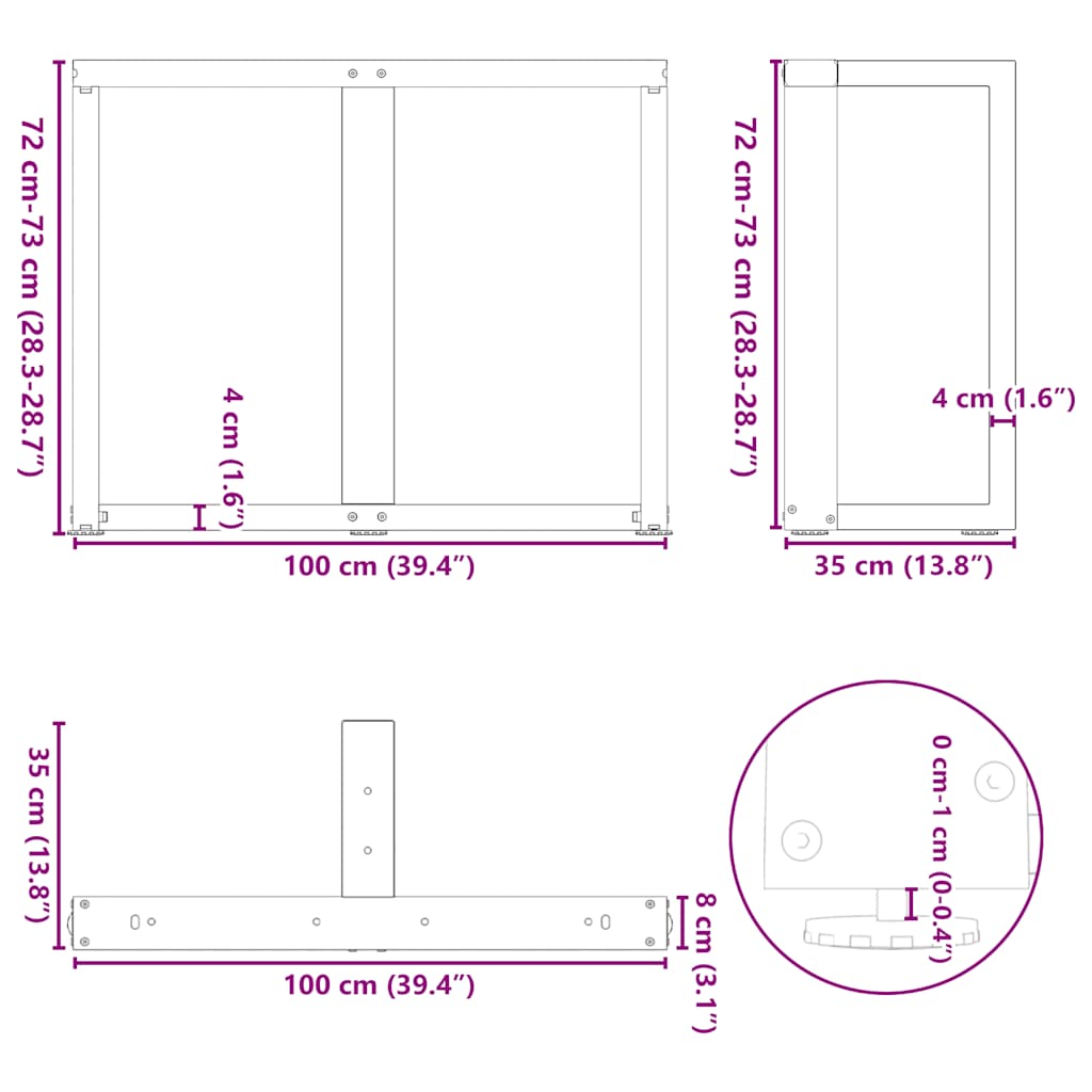 Pieds de table à manger en forme de T, 2 pièces, anthracite, 100 x 35 x (72-73) cm, acier - XIOS