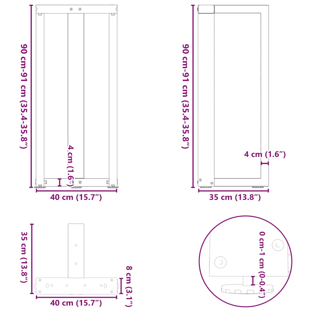 Pieds de table de bar en forme de T, 2 pièces, noir, 40 x 35 x (90-91) cm, acier - XIOS