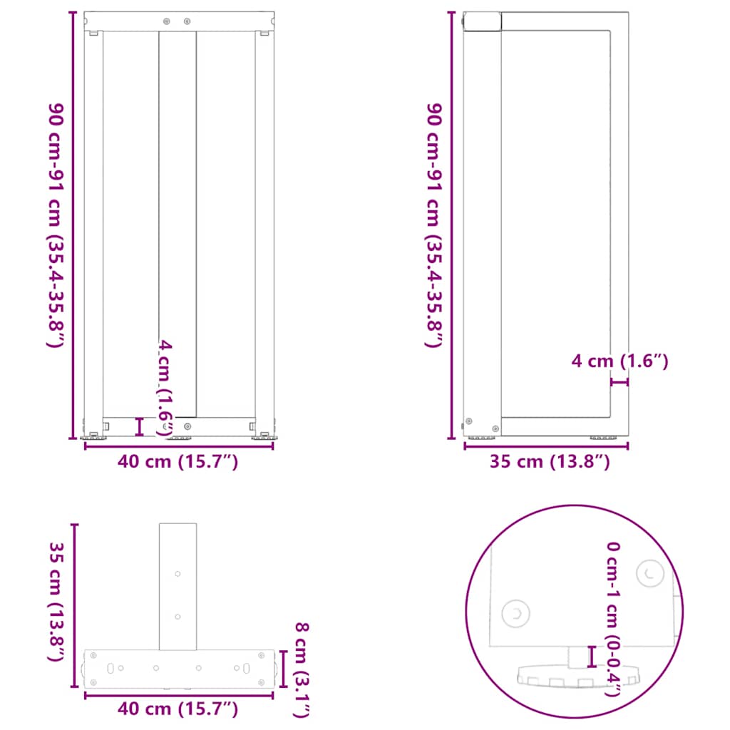 Pieds de table de bar en forme de T, 2 pièces, noir, 40 x 35 x (90-91) cm, acier - XIOS
