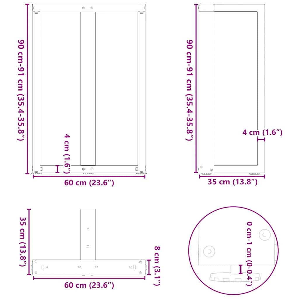 Pieds de table de bar en T, 2 pièces, noir, 60 x 35 x (90-91) cm, acier - XIOS
