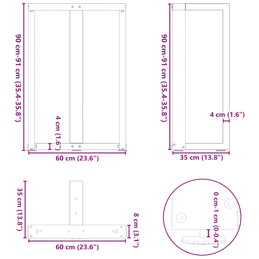 Pieds de table de bar en T, 2 pièces, blanc, 60 x 35 x (90-91) cm, acier