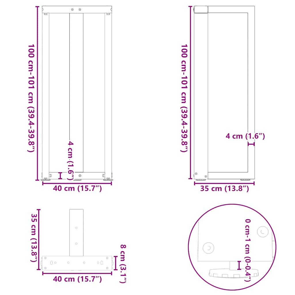 Pieds de table de bar en forme de T, 2 pièces, noir, 40 x 35 x (100-101) cm, acier