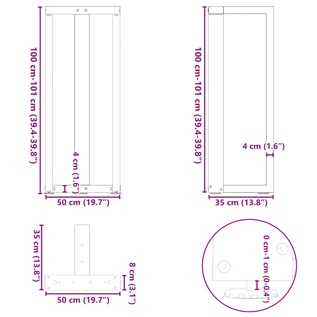 Pieds de table de bar en T, 2 pièces, anthracite, 50 x 35 x (100-101) cm, acier