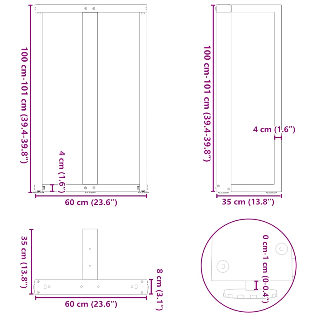 Pieds de table de bar en forme de T, 2 pièces, noir, 60 x 35 x (100-101) cm, acier - XIOS