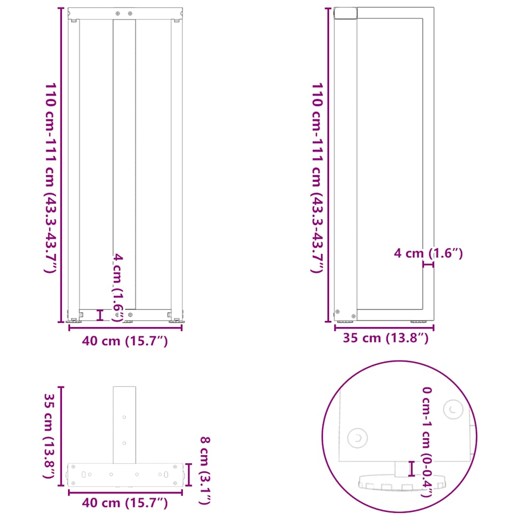 Pieds de table de bar en T, 2 pièces, noir, 40 x 35 x (110-111) cm, acier - XIOS