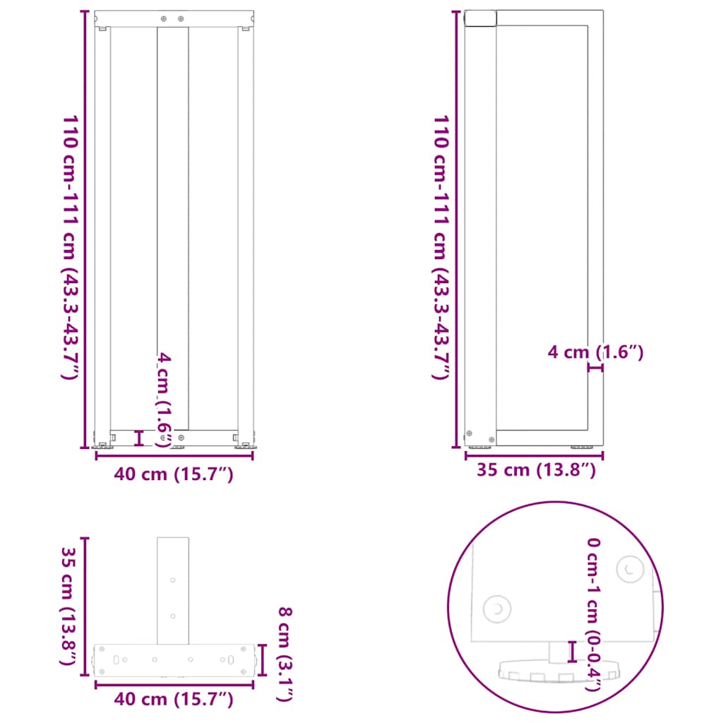 Pieds de table de bar en T, 2 pièces, noir, 40 x 35 x (110-111) cm, acier - XIOS