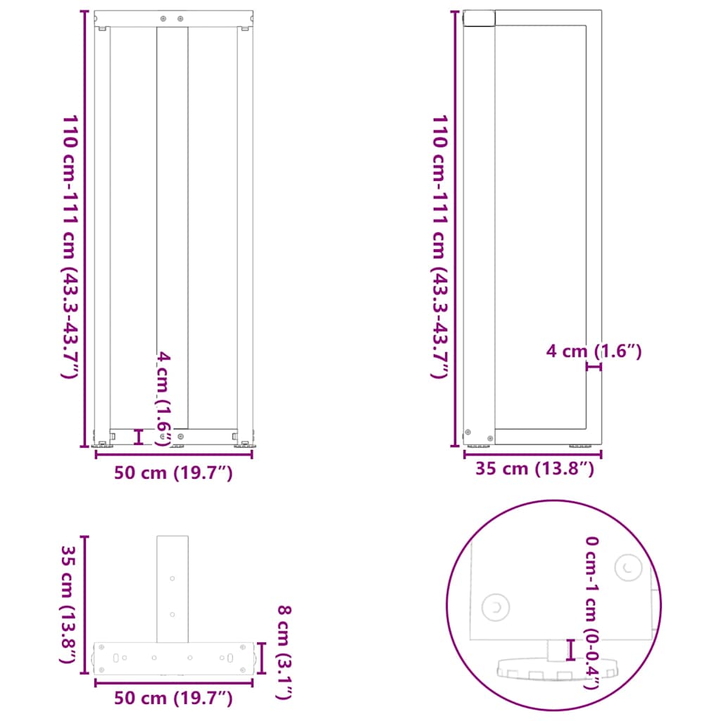 Pieds de table de bar en T, 2 pièces, blanc, 50 x 35 x (110-111) cm, acier