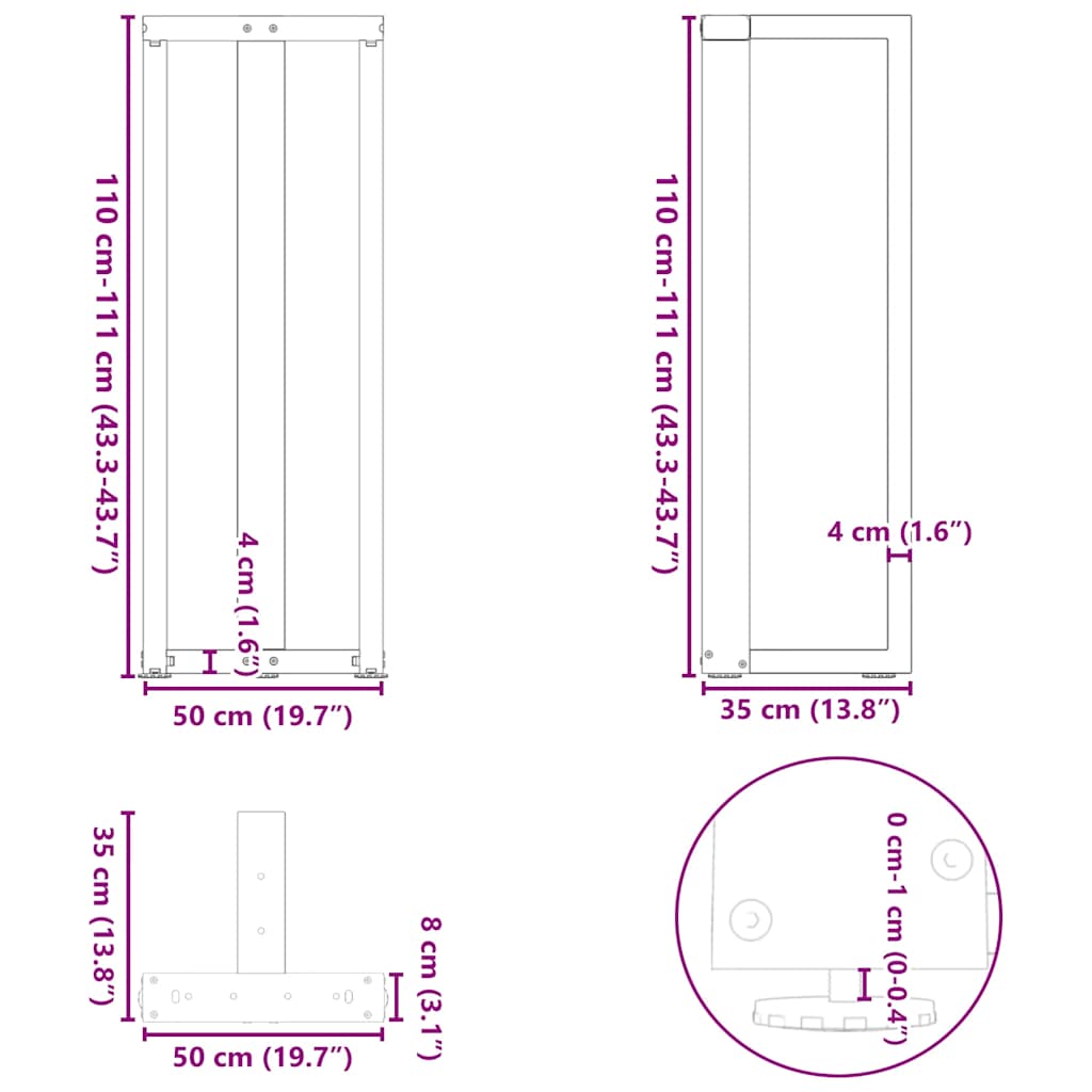 Pieds de table de bar en forme de T, 2 pièces, anthracite, 50 x 35 x (110-111) cm, acier - XIOS