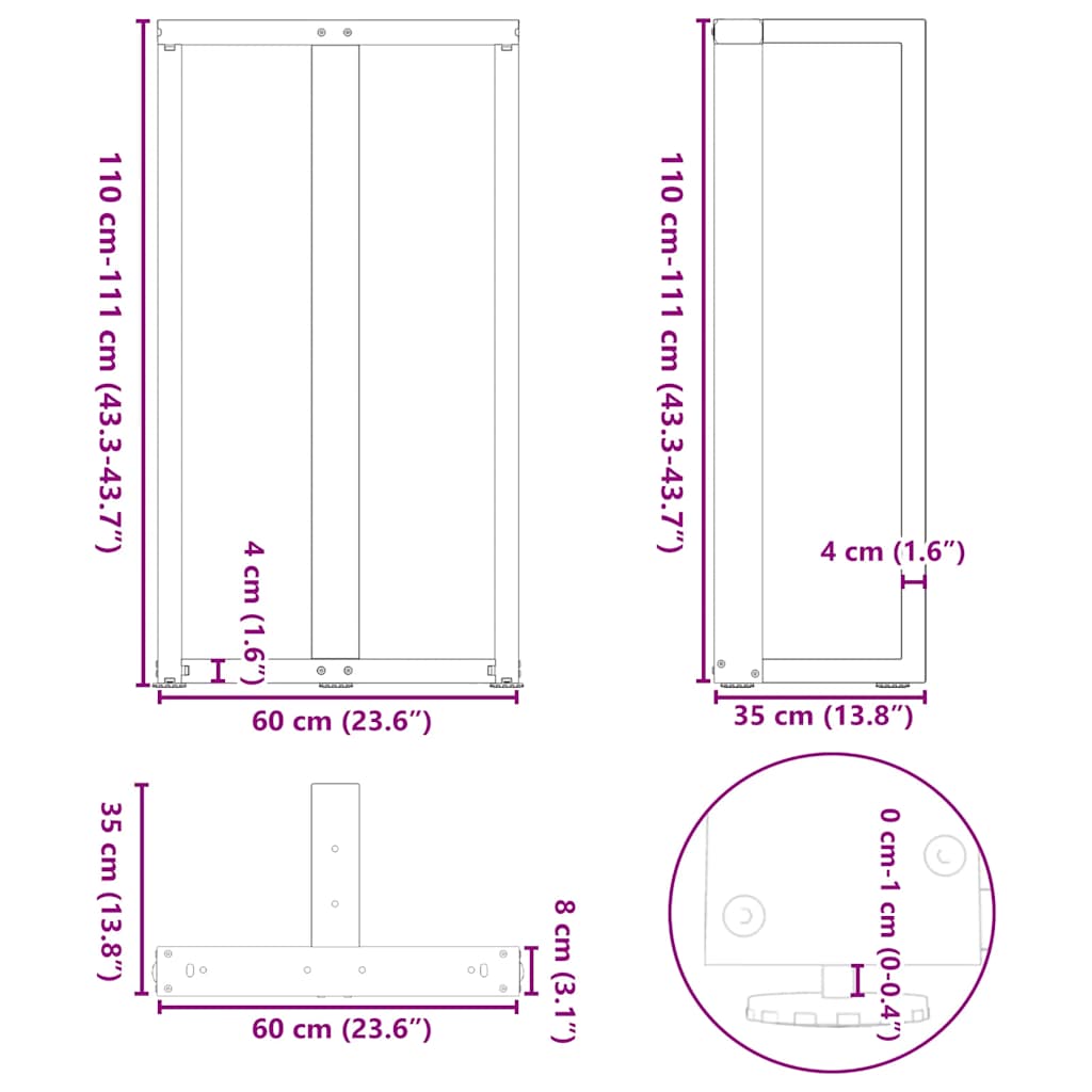 Pieds de table de bar en T, 2 pièces, blanc, 60 x 35 x (110-111) cm, acier - XIOS