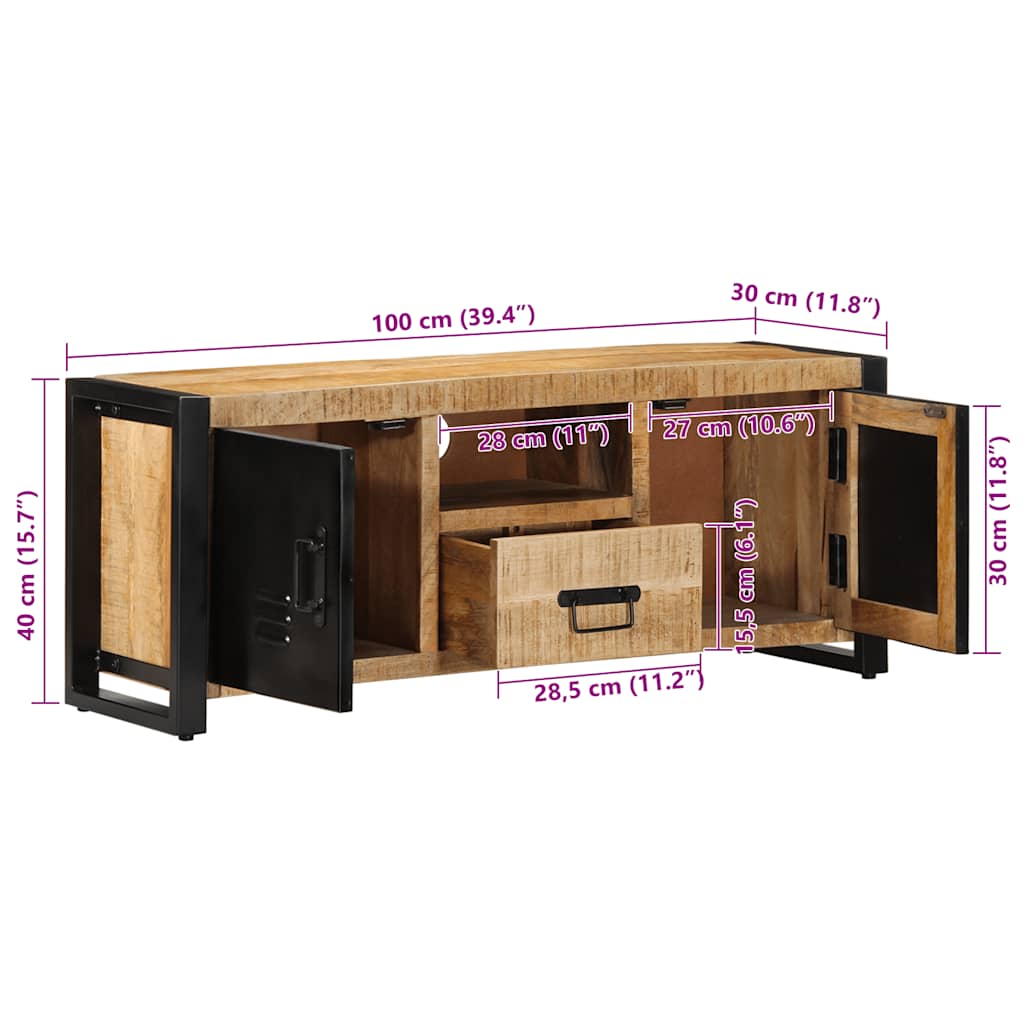 Meuble TV 100x30x40 cm bois massif de manguier brut - XIOS