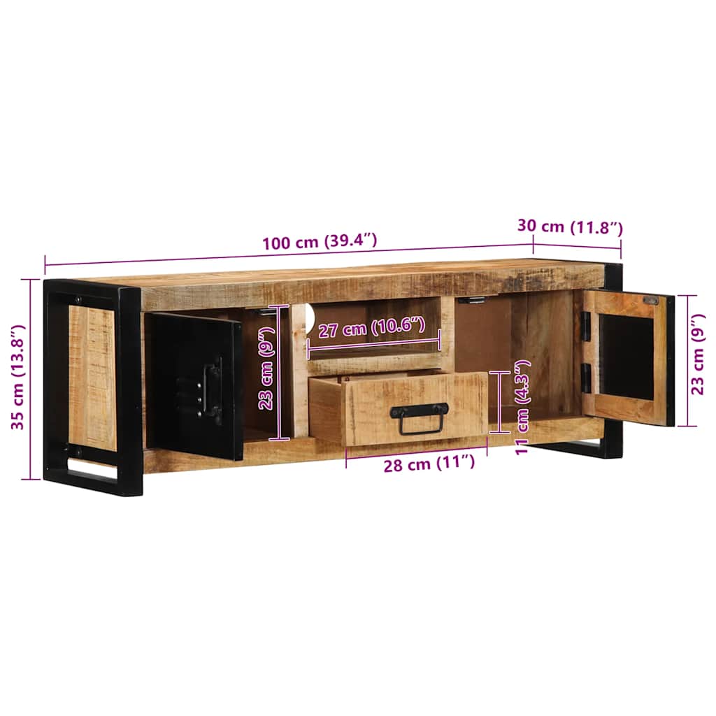 Meuble TV 100x30x35 cm bois massif de manguier brut - XIOS