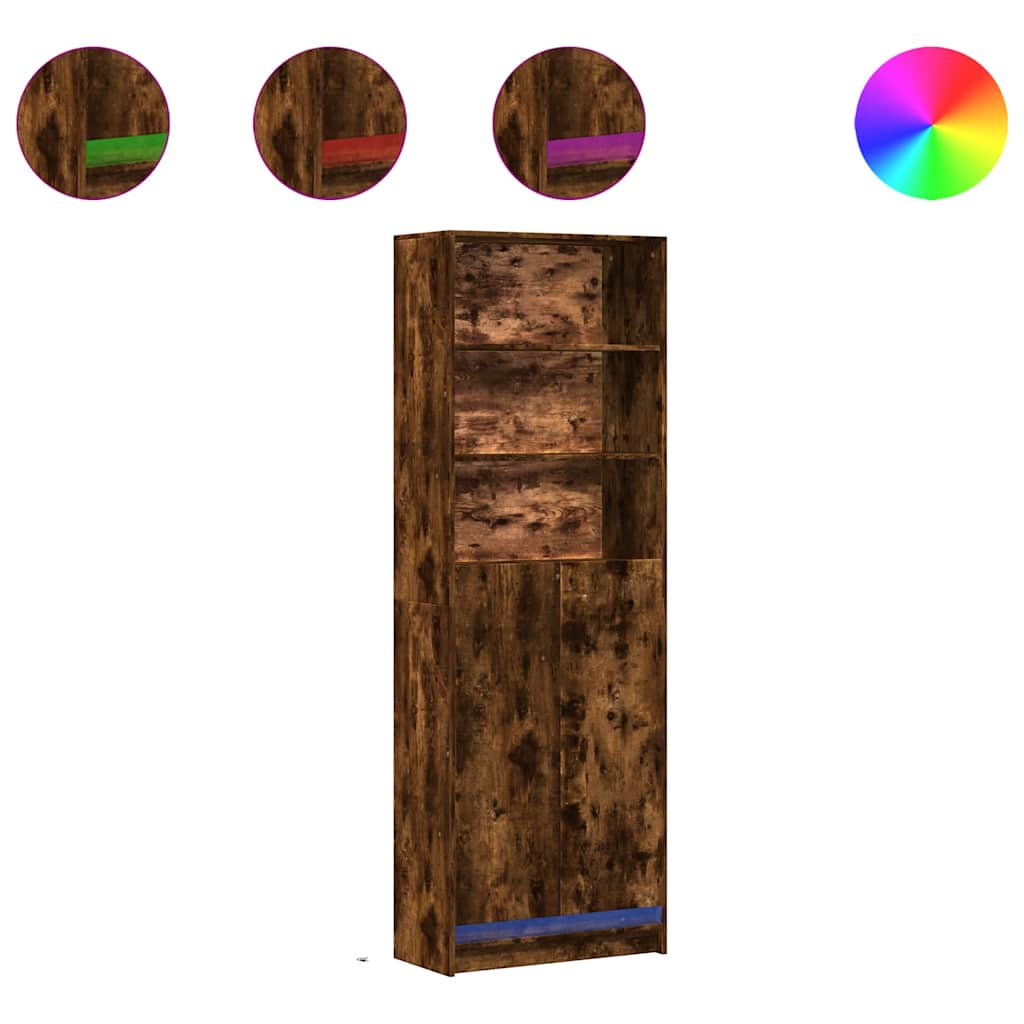 Buffet haut avec LED chêne fumé 69x32,5x200cm bois d’ingénierie - XIOS