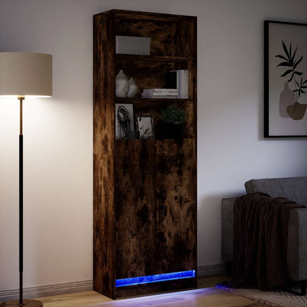 Buffet haut avec LED chêne fumé 69x32,5x200cm bois d’ingénierie - XIOS