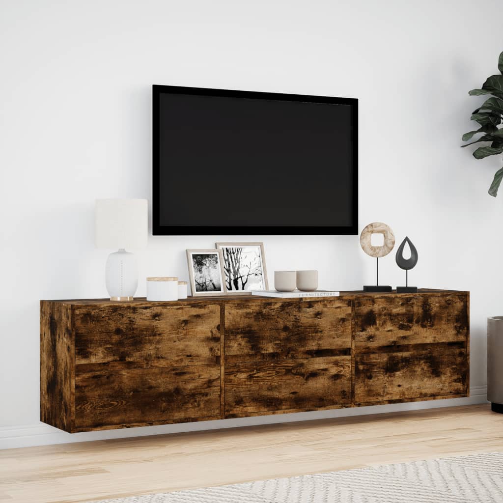 Meuble TV mural avec LED chêne fumé 180x31x45 cm - XIOS