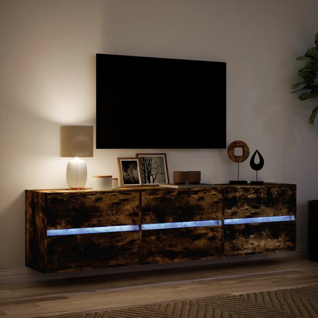 Meuble TV mural avec LED chêne fumé 180x31x45 cm - XIOS
