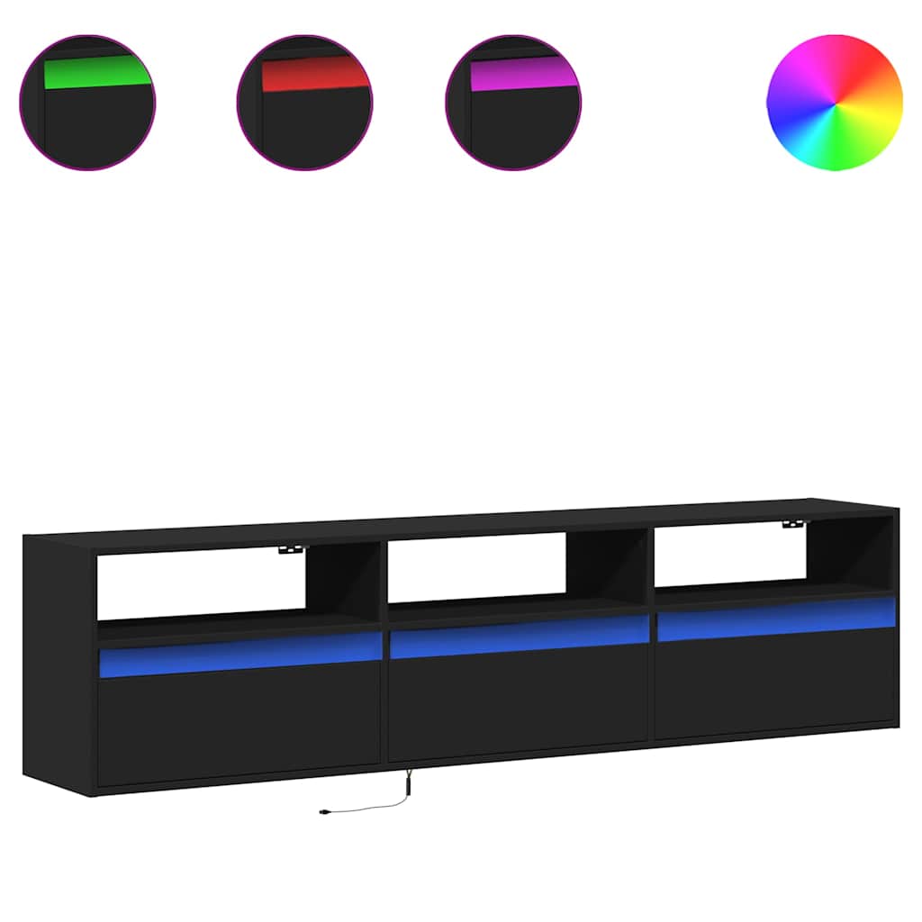 Meuble TV mural avec éclairage LED noir 180 x 31 x 45 cm - XIOS