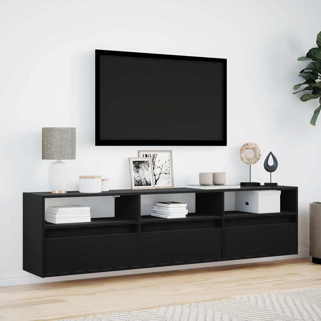 Meuble TV mural avec éclairage LED noir 180 x 31 x 45 cm - XIOS