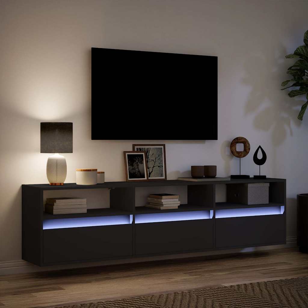 Meuble TV mural avec éclairage LED noir 180 x 31 x 45 cm - XIOS