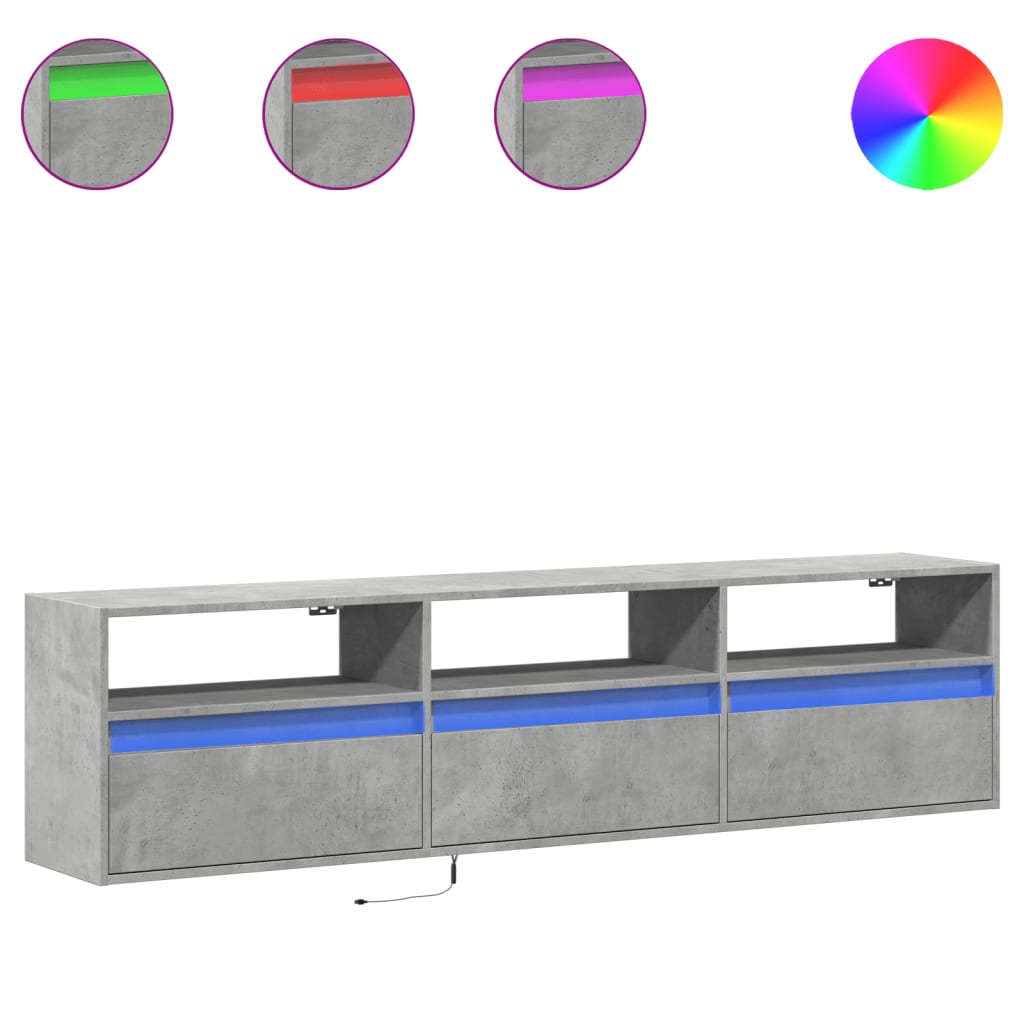 Meuble TV mural avec LED gris béton 180x31x45 cm - XIOS