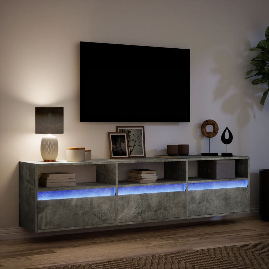 Meuble TV mural avec LED gris béton 180x31x45 cm - XIOS
