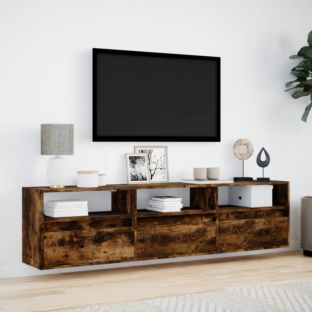 Meuble TV mural avec LED chêne fumé 180x31x45 cm - XIOS