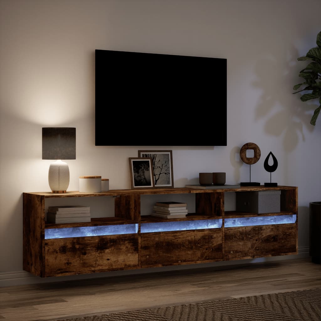 Meuble TV mural avec LED chêne fumé 180x31x45 cm - XIOS