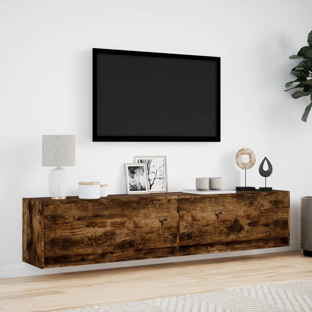 Meuble TV mural avec LED chêne fumé 180x31x38 cm - XIOS