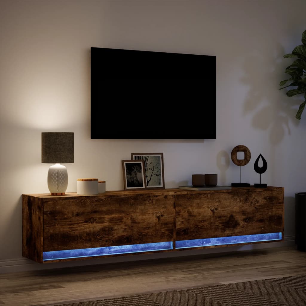 Meuble TV mural avec LED chêne fumé 180x31x38 cm - XIOS