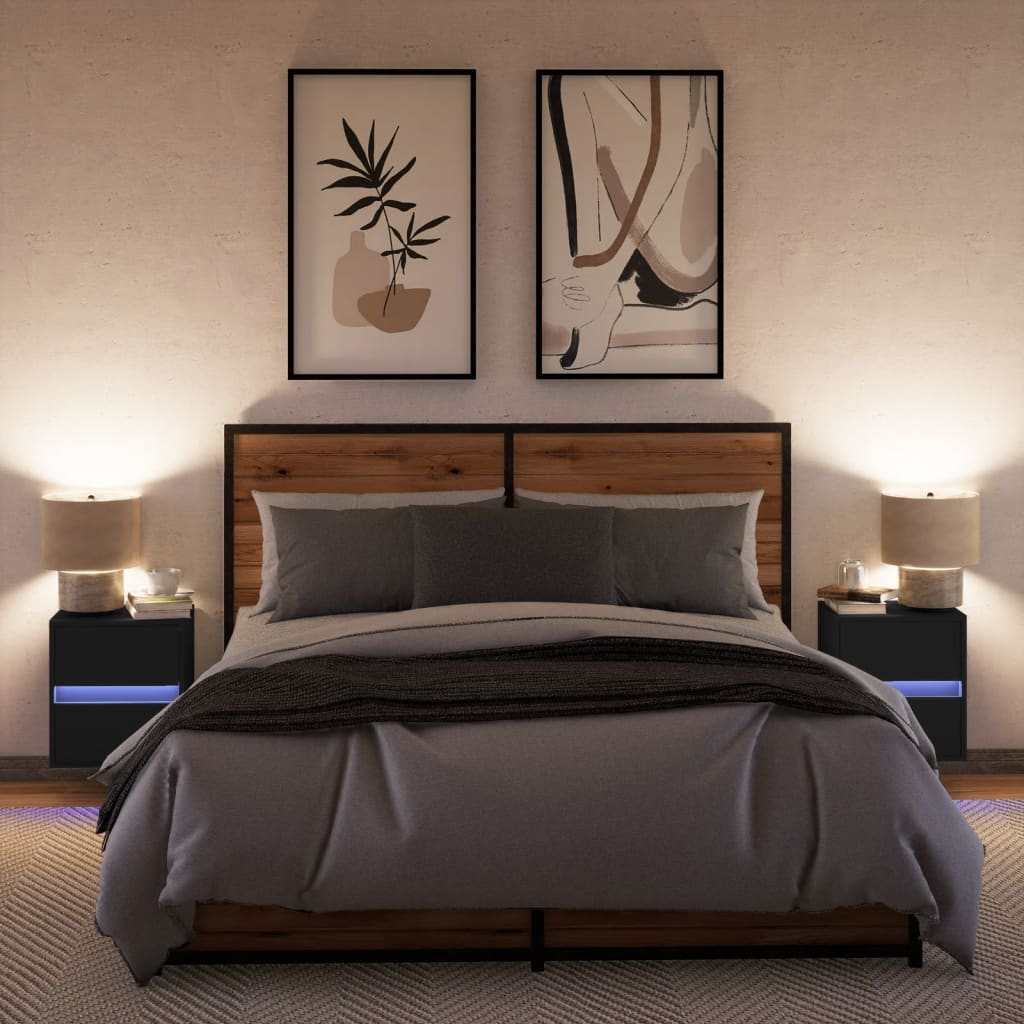 Tables de chevet murales avec lumières LED 2 pcs noir - XIOS