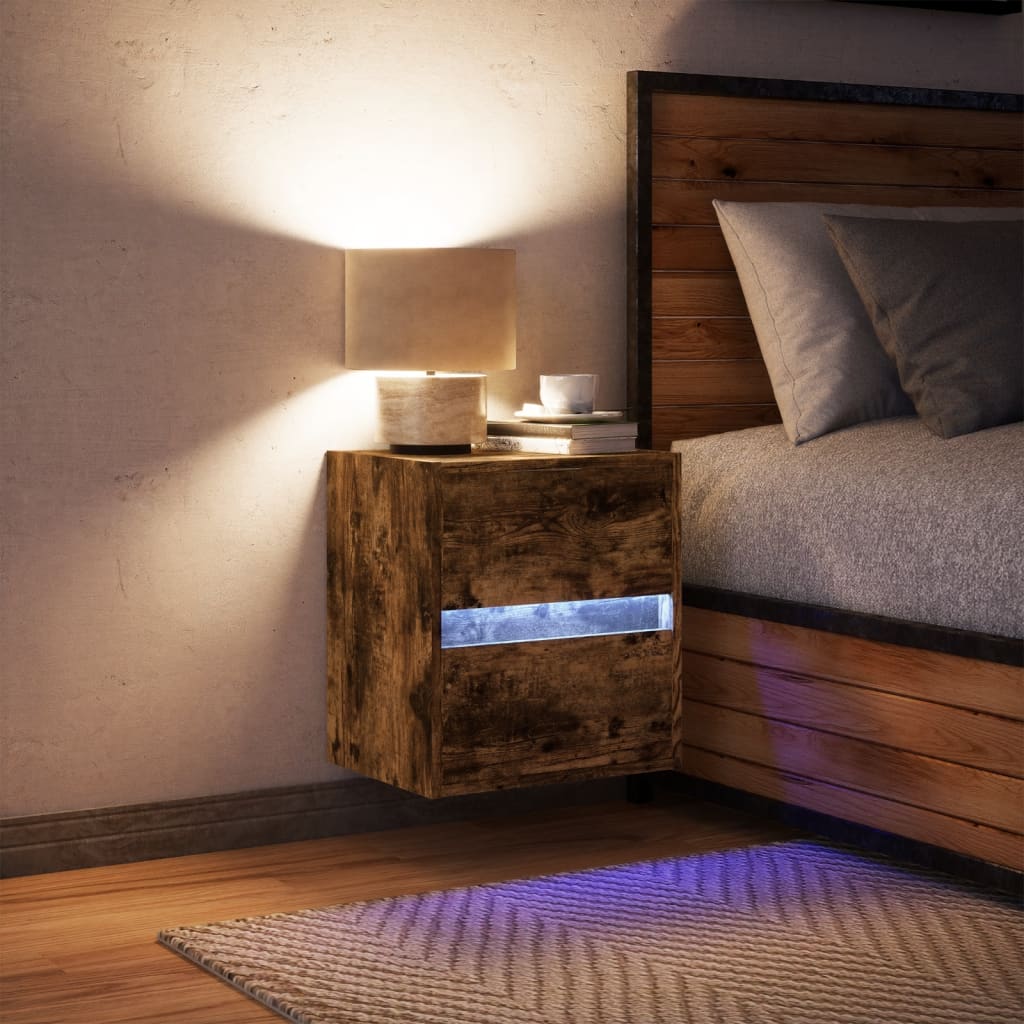 Table de chevet murale avec lumières LED chêne fumé - XIOS