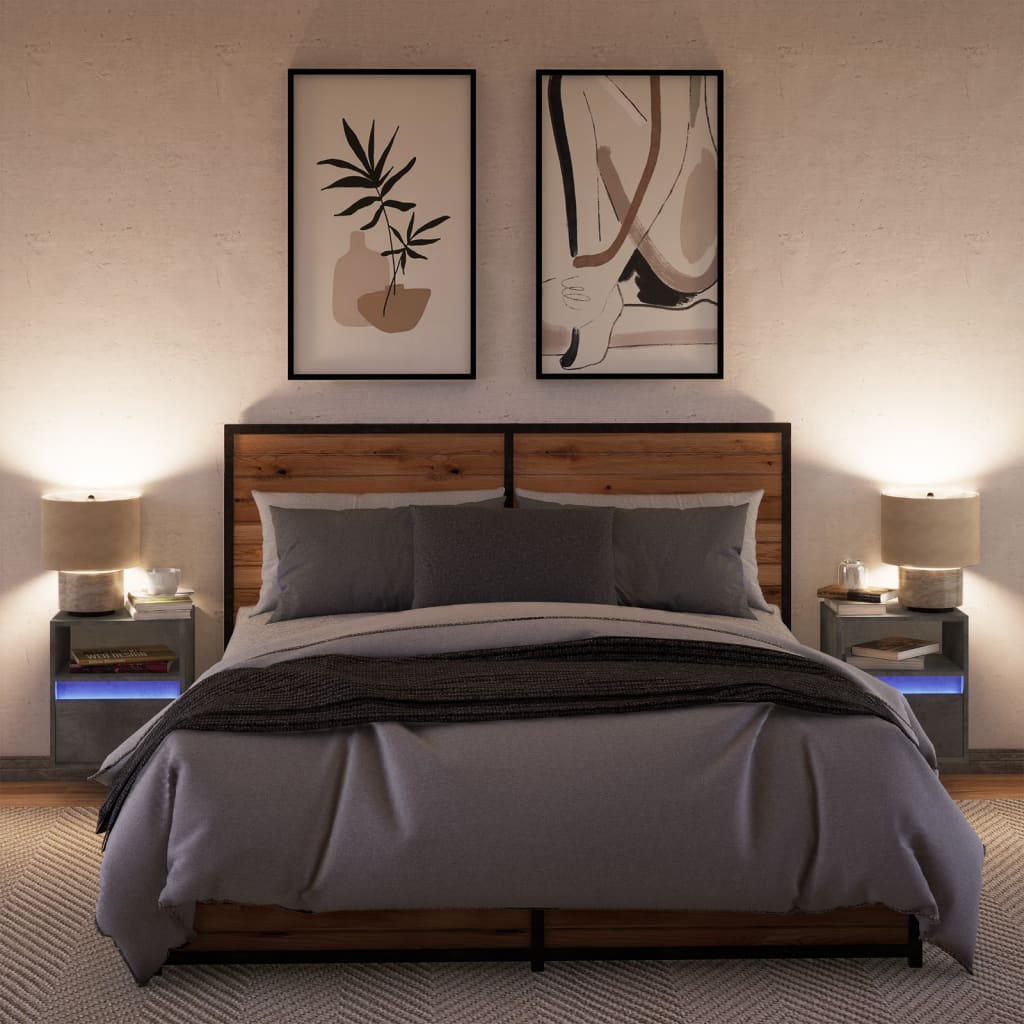 Tables de chevet murales avec lumières LED 2 pcs gris béton - XIOS