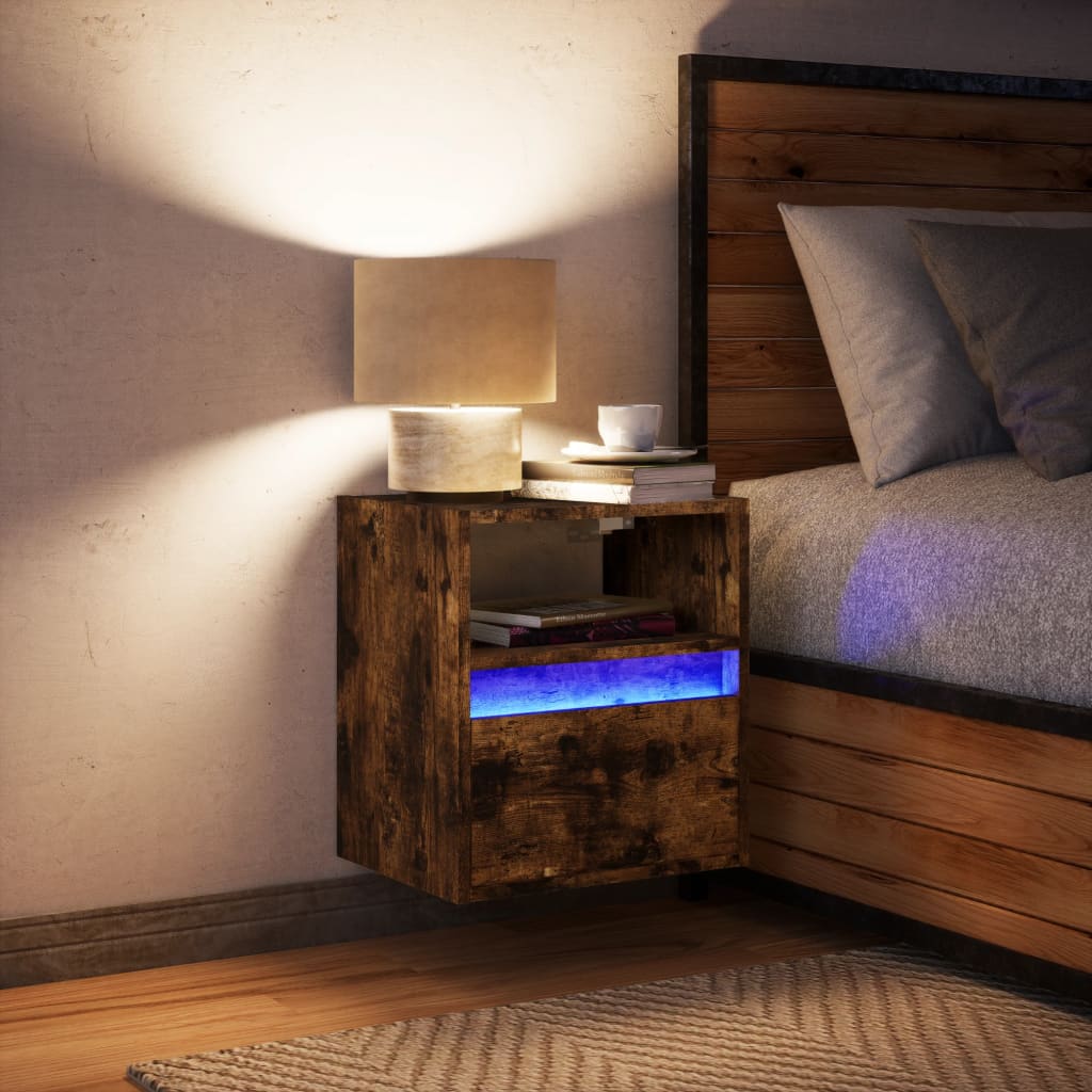 Table de chevet murale avec lumières LED chêne fumé - XIOS