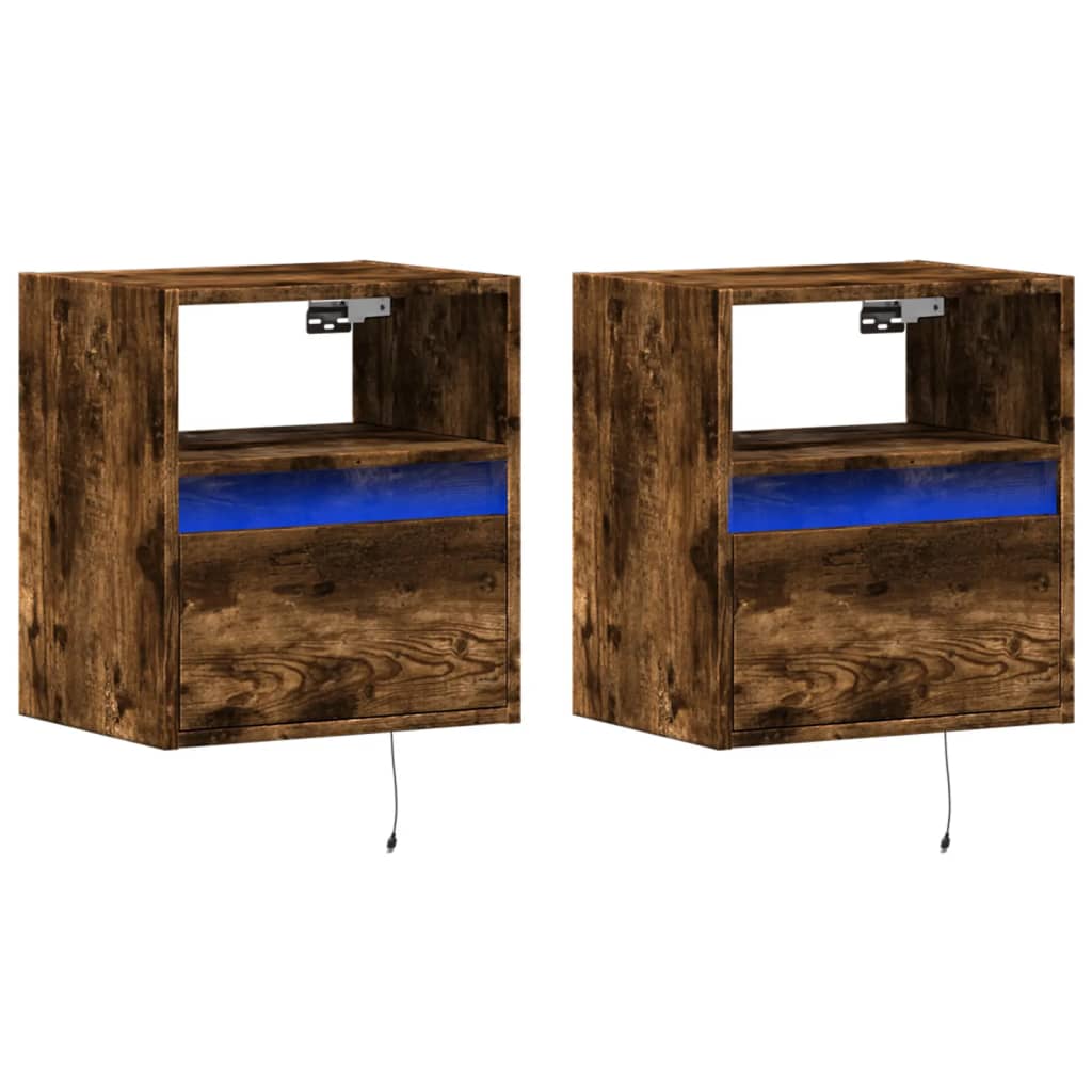 Tables de chevet murales avec lumières LED 2 pcs chêne fumé - XIOS