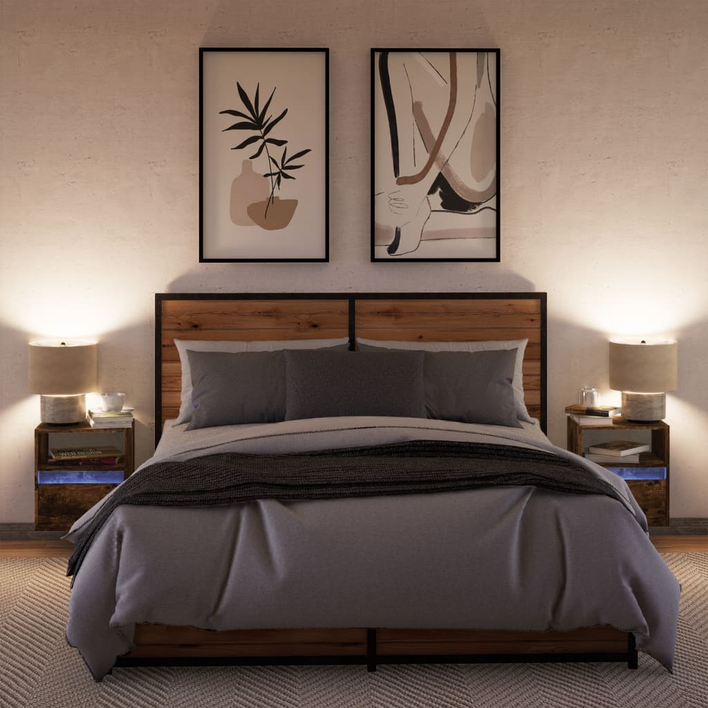 Tables de chevet murales avec lumières LED 2 pcs chêne fumé - XIOS