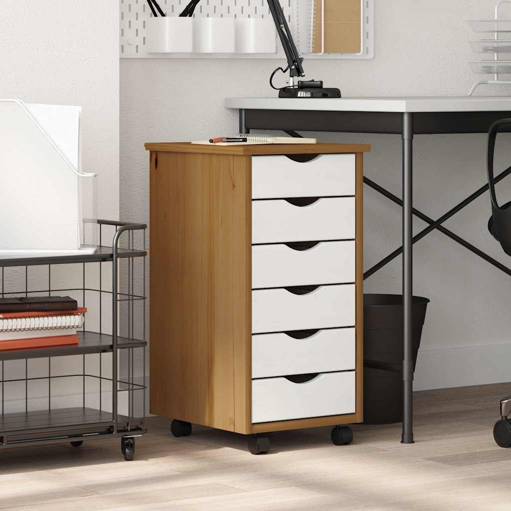 Armoire roulante avec tiroirs MOSS bois de pin marron miel