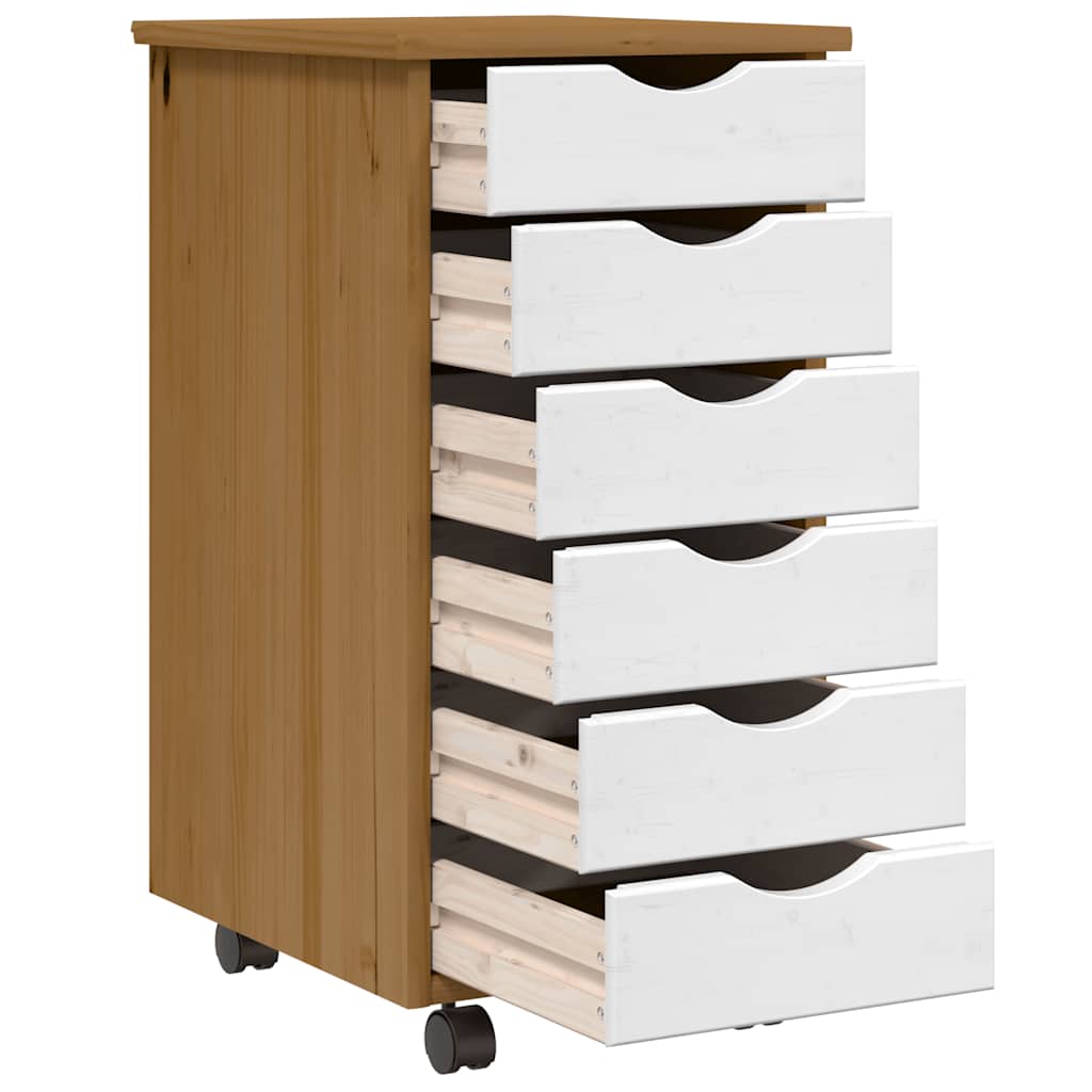 Armoire roulante avec tiroirs MOSS bois de pin marron miel