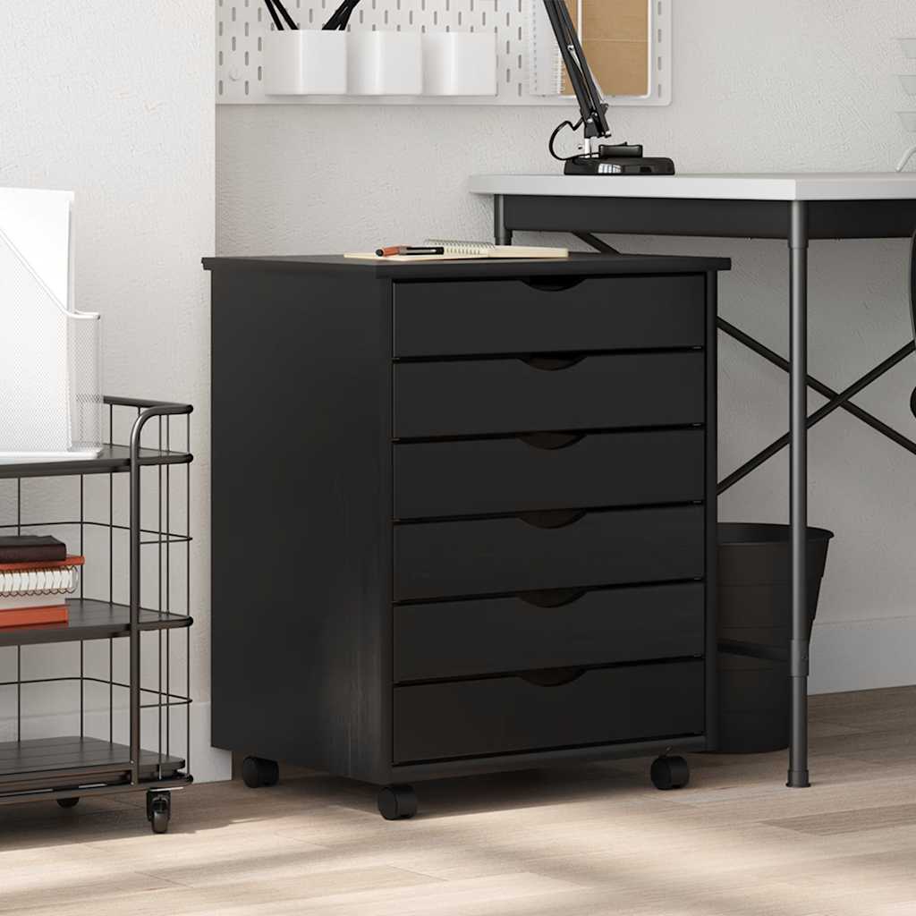 Armoire roulante avec tiroirs MOSS noir bois de pin solide