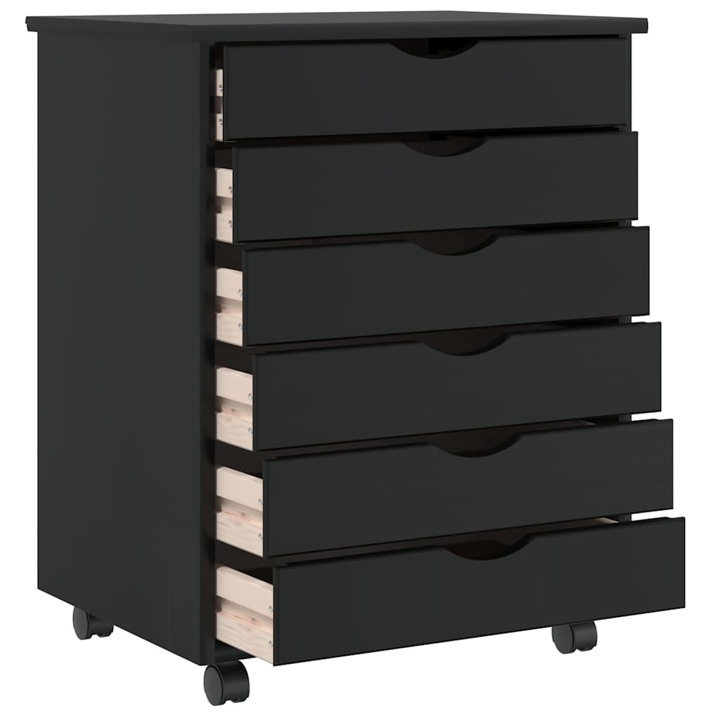 Armoire roulante avec tiroirs MOSS noir bois de pin solide
