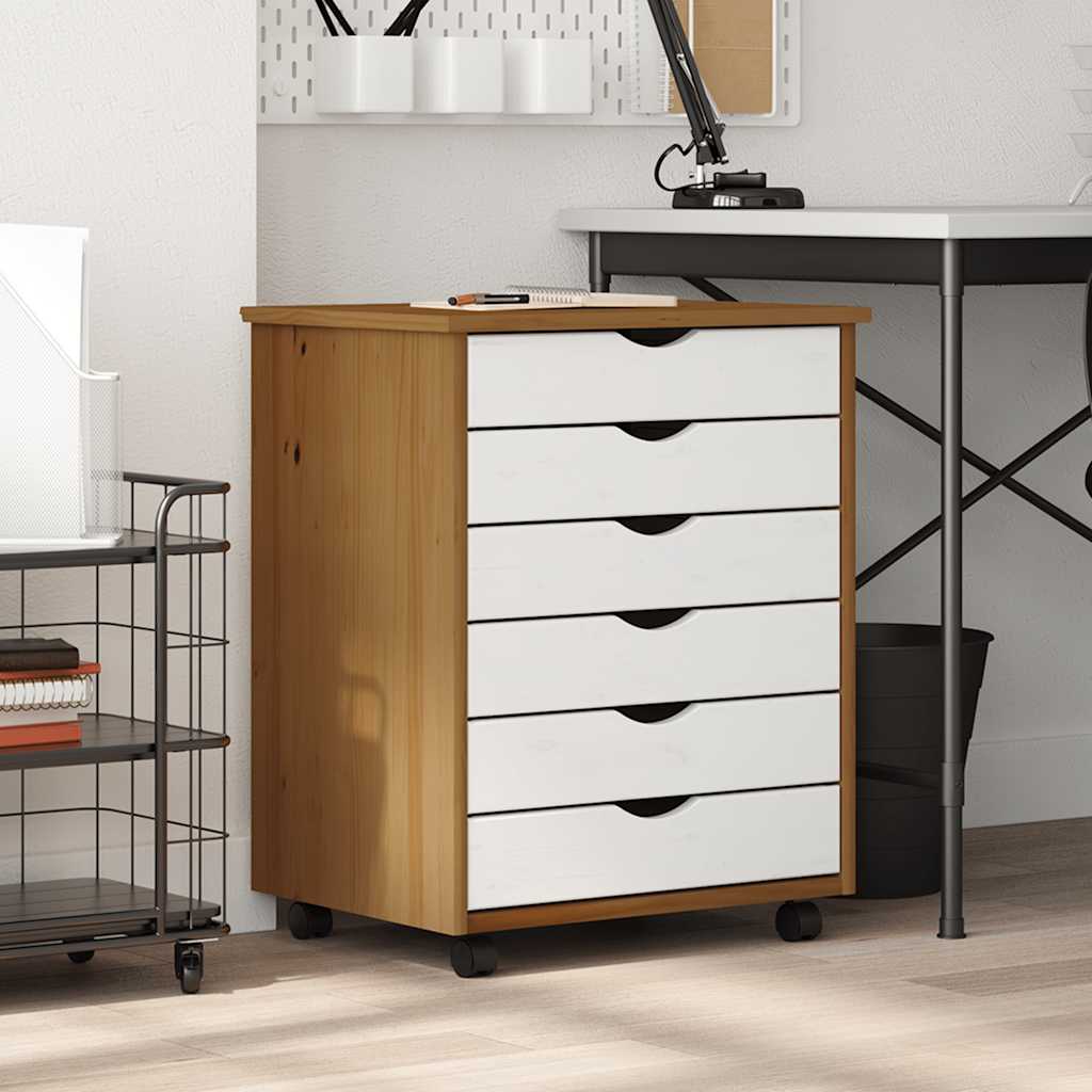 Armoire roulante avec tiroirs MOSS bois de pin marron miel