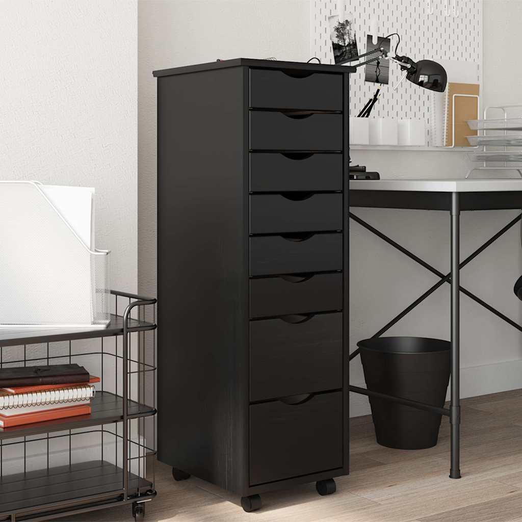 Armoire roulante avec tiroirs MOSS noir bois de pin solide
