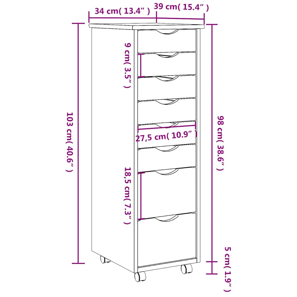 Armoire roulante avec tiroirs MOSS noir bois de pin solide